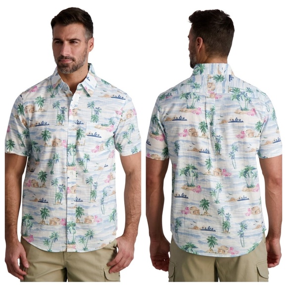 NWT Chaps Men's Short Sleeve Chambray Button Down Shirt Tropical Hawaiian Sz XL - Picture 1 of 11